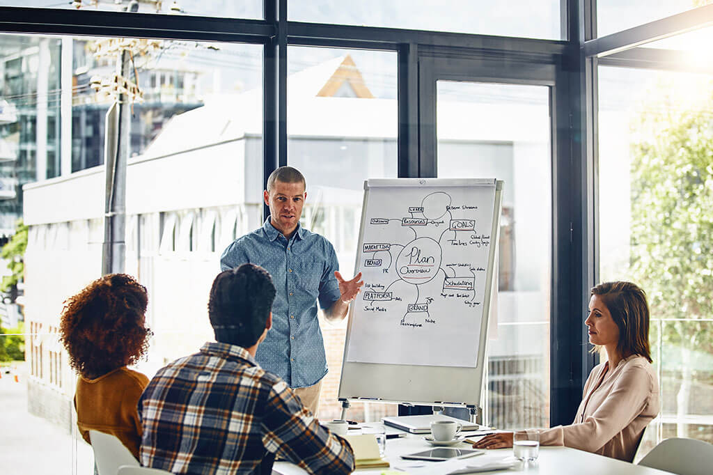 A man stands beside a flip chart presenting a business plan to three colleagues seated around a conference table in a modern office with large windows and natural light.
